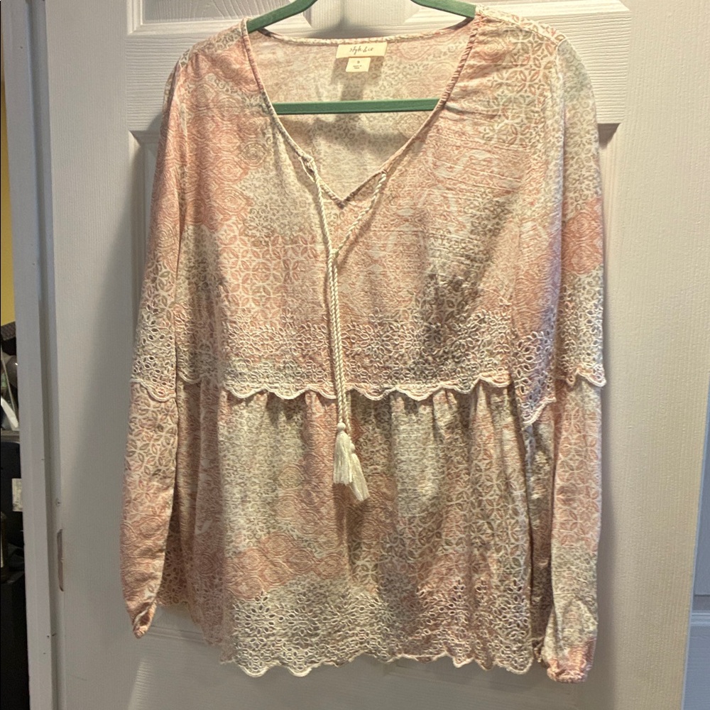 Style & Co. Bohemian Lace Blouse - Pink and Cream fairy core V Neck Airy Size S